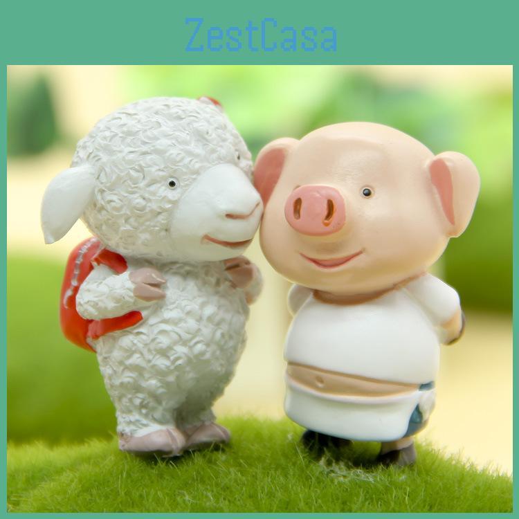 Cartoon Pig And Lamb Resin Figurine With Mini Landscape For Home Office Or Gift
