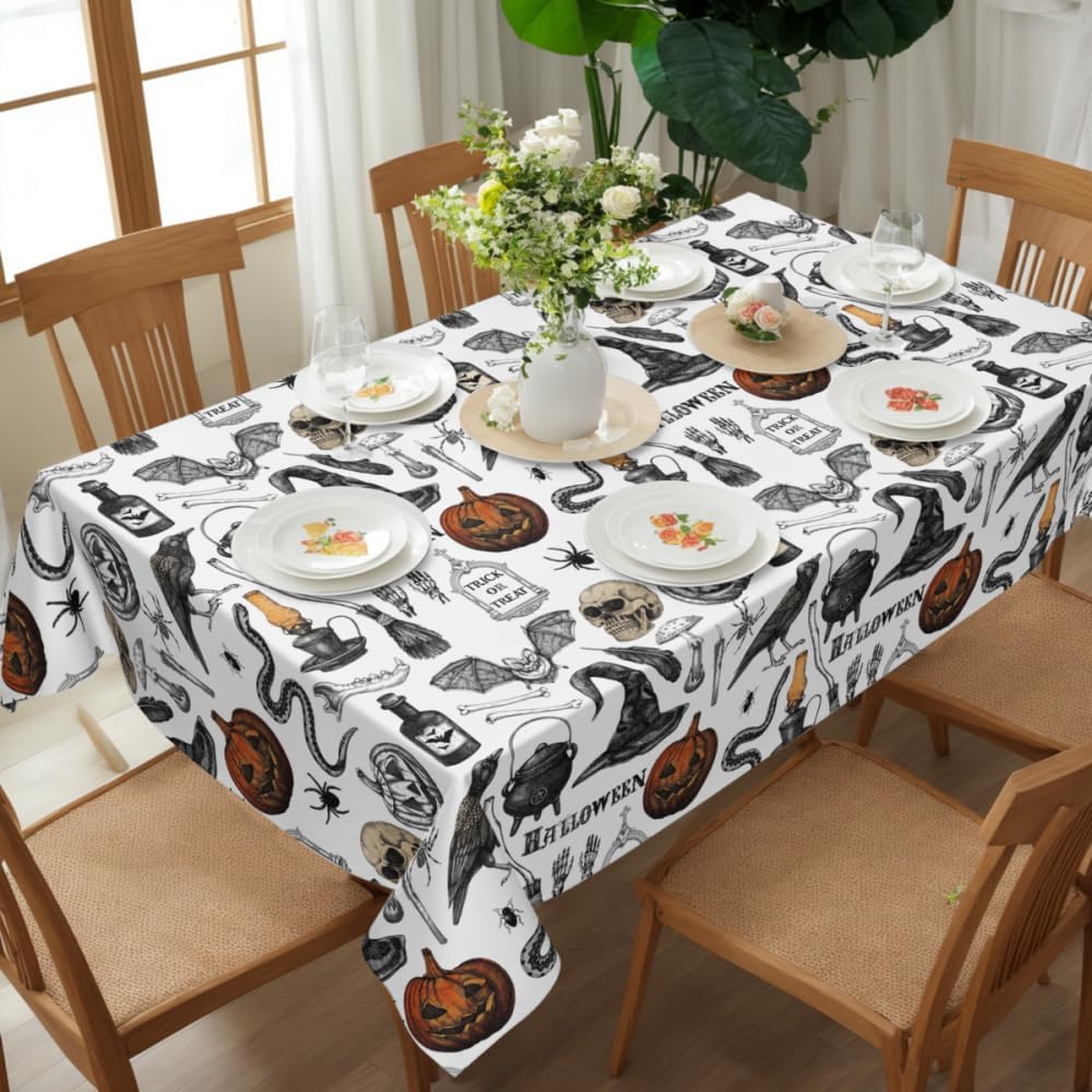 Halloween Spooky Skull Pumpkin Rectangle Tablecloth for Table Decor Reusable Kitchen Dining Tablecloth Halloween Decoraions
