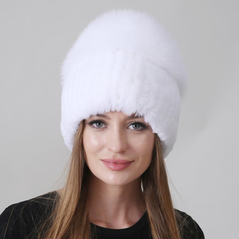 New Women Winter Luxury Real Rex Rabbit Fur Hat Knitted Rex Rabbit Fur Hat Top Natural Fox Fur Cap Genuine Fox Fur Beanies Hat