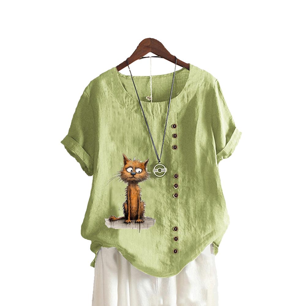 Женская свободная рубашка-пуловер, женская повседневная льняная блузка с круглым вырезом и принтом, летняя модная футболка с коротким рукавом