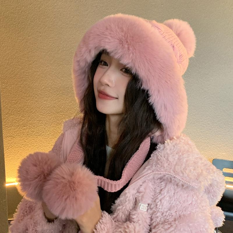 Hat female cute bear ears thickened fluffy hat autumn and winter versatile flower knitted hat outdoor windproof warm hat