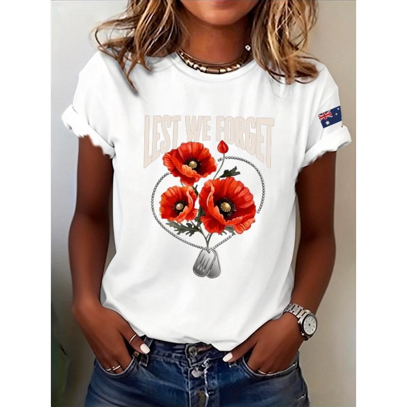 Womens Anzac Day Lest We Forget Print TShirts Summer Casual Round Neck T Shirts Short Sleeve Tops Tees