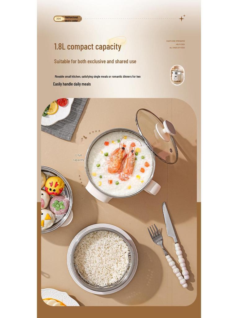 Small Electric Steamer & Rice Cooker: 304 Stainless Steel, 1-3 Person Capacity, Multi-function for Cooking, Steaming & Boiling