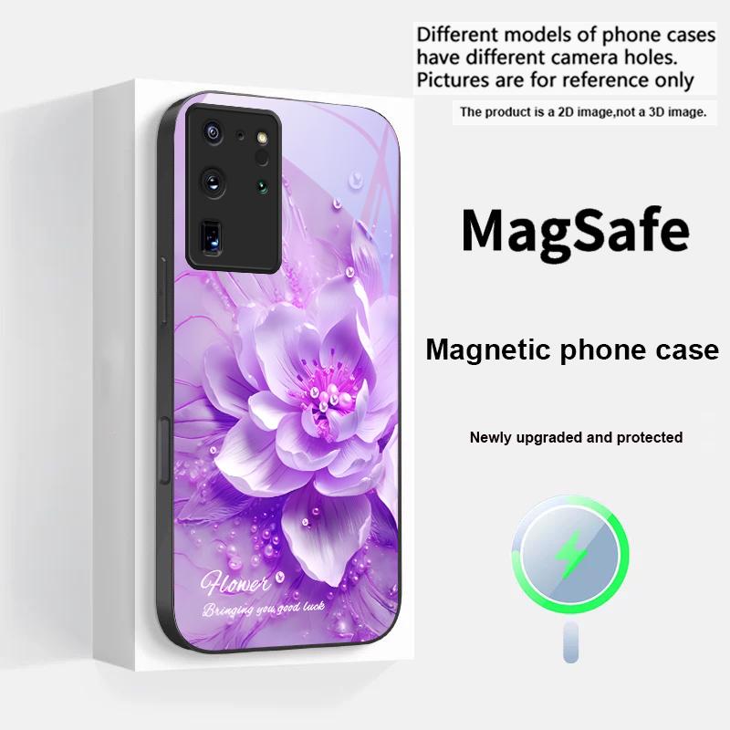Цветущие синие цветы Для Samsung S25 S25 Edge S25Ultra S8 9 10 20 S21 Pro 22 Plus S23 FE S24 Ultra Magsafe Стеклянный чехол для телефона