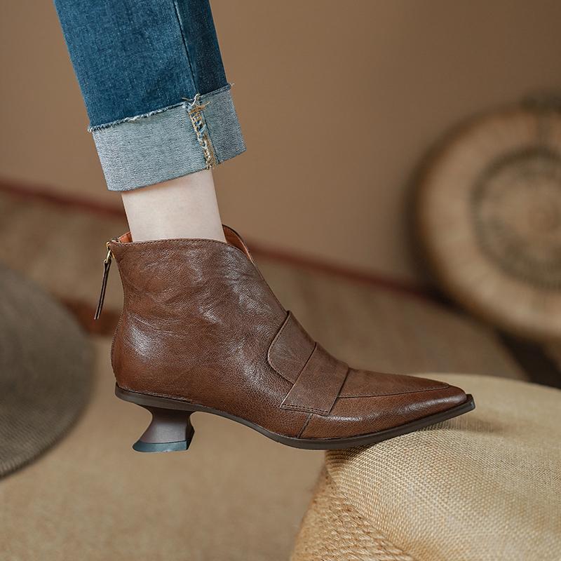 2024 Retro Women Ankle Boots Genuine Leather Quality Autumn Winter  Pointe Toe Thin High Heels Elegant Office Lady Boots Woman