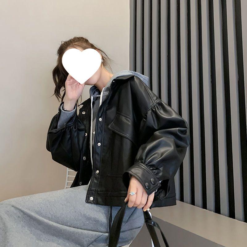 Женская модная свободная кожаная мотоциклетная куртка с рубашечным воротником и кулиской - Корейский стиль