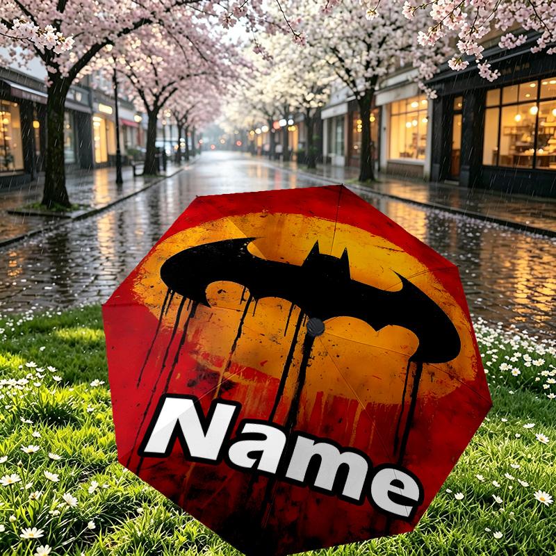 Custom Name Personalized Batman Print Umbrella, Auto Open Close, 8‑Rib Sturdy Frame, Commute Camping Hiking Use, Birthday Gift