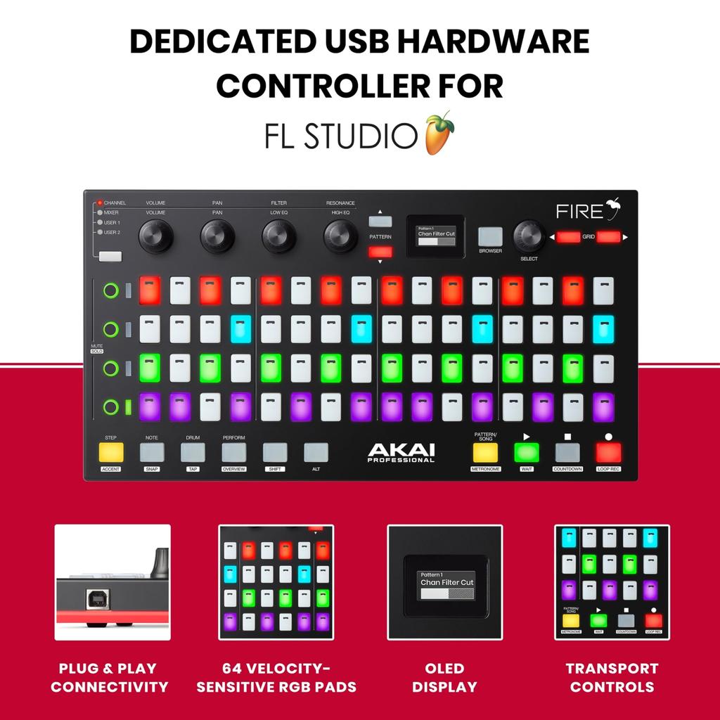 Akai Professional USB MIDI Controller for FL Studio 64 Pads RGB Clip Drum Pad Matrix Included FIRE Controller Only [Controller Only/No Software]