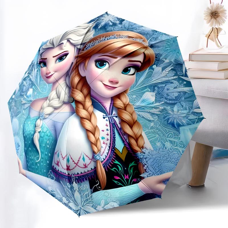 1pc Sturdy 8-Bone Auto Umbrella, Elsa And Anna Frozen Bedtime Floral Umbrella, Digital Printed, Foldable Umbrella for On-the-Go Outdoor Use