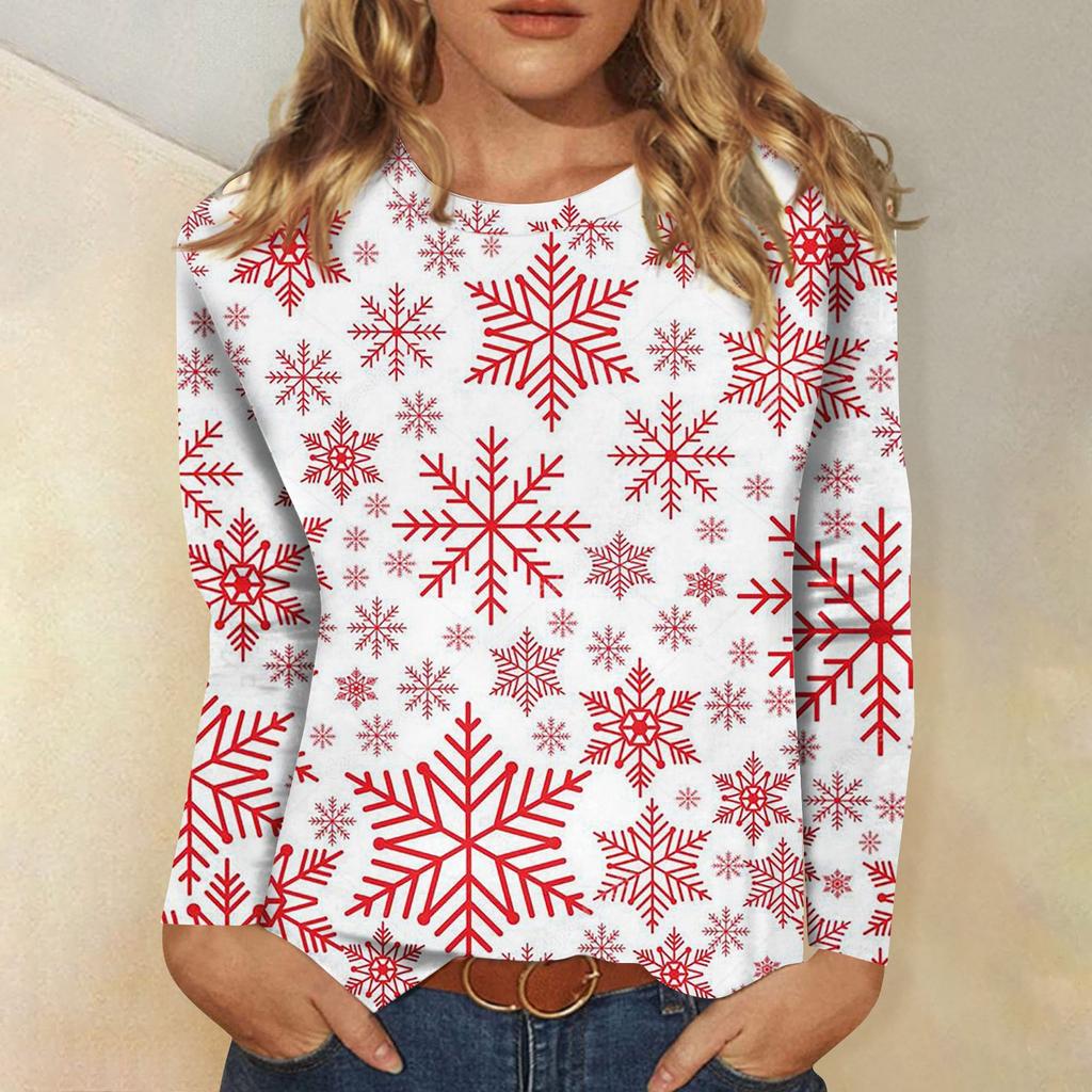 Женская модная повседневная футболка с круглым вырезом и рождественским принтом и длинными рукавами
