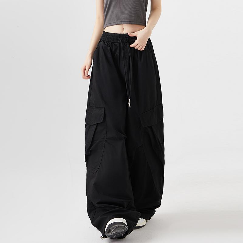 Women Big Pockets Cargo Pants Y2k High Elastic Waist Drawstring Baggy Trousers Vintage Casual Loose Wide Leg Straight Pants