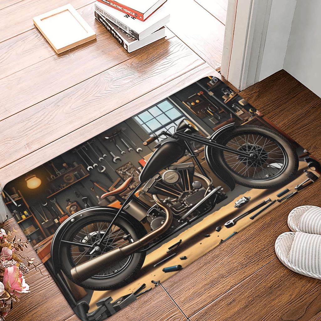 Retro Motorcycle Workshop Hip Hop Design Doormat Non-Slip Entrance Kitchen Bathroom Door Floor Mat Bedroom Balcony Carpet Rug
