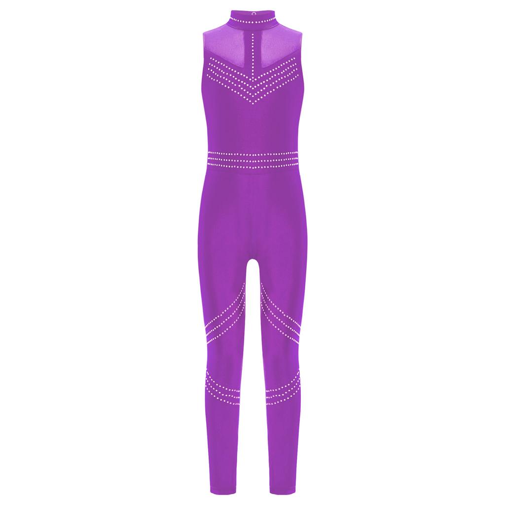 Girls Sleeveless Mesh Patchwork Jumpsuit Full Body Shiny Rhinestone Leotard for Figure Skating and Dance
