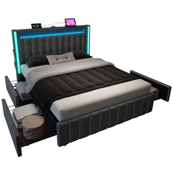 Charging Function Bed Upholstery USB Type C Led Lighting and 4 Drawers Youth Beds Double Storage Bed Slatted Frame Made Of Wood Gray (without