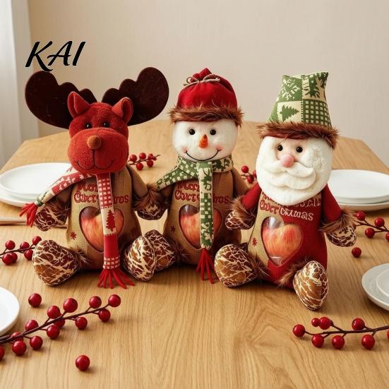 Decorative Tabletop Holiday Decor Christmas Burlap Gift Bags with Clear Window, Santa Snowman Hanging Tree Ornaments Reindeer Drawstring Pouch,