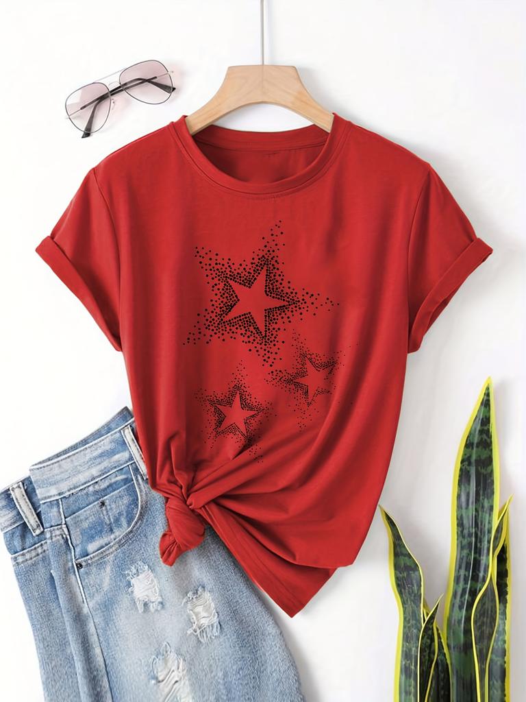 Women's Casual Short Sleeve T-Shirt - Black with White Star Print Round Neck Top for Spring & Summer Machine Washable