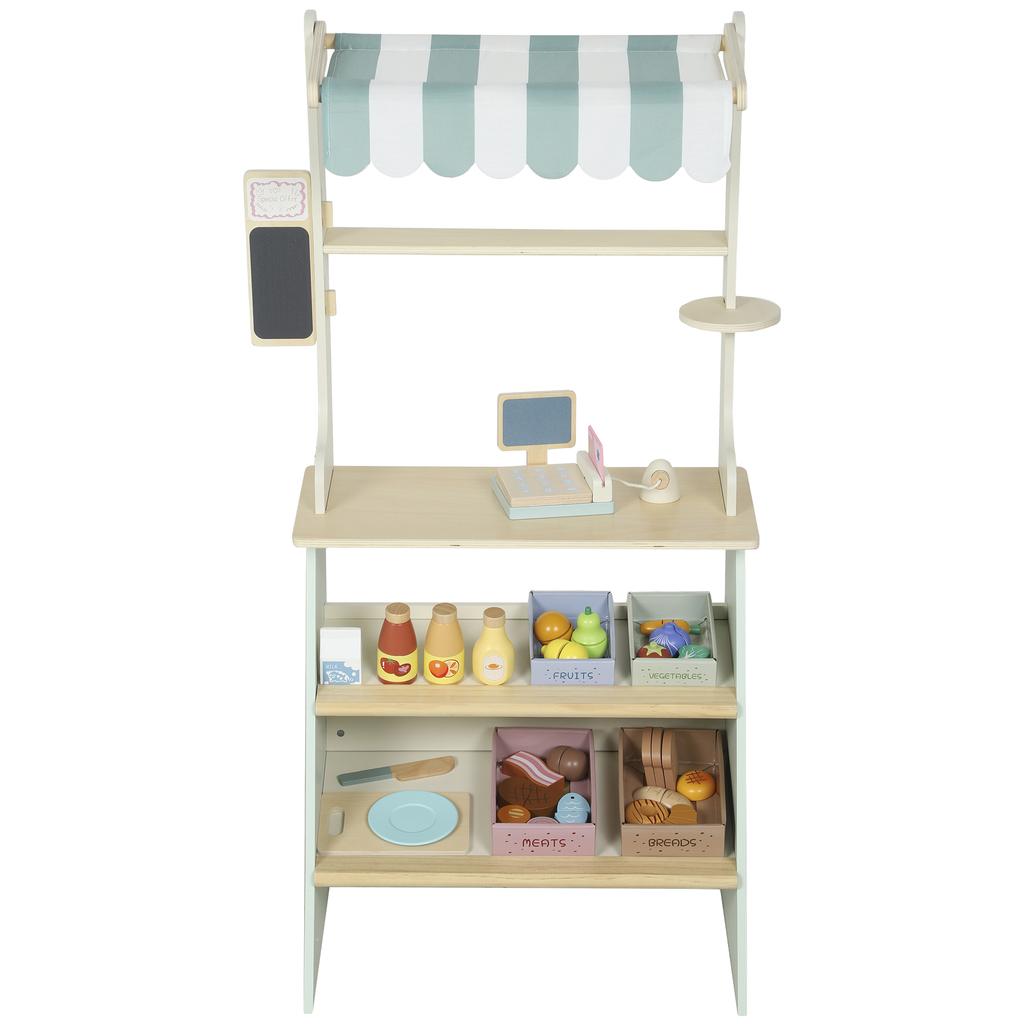 Wooden Toy Shop, Wooden Market Stall with Cash Register, Blackboard and Toy Food, 4 Storage Boxes, Ages 3+, Green