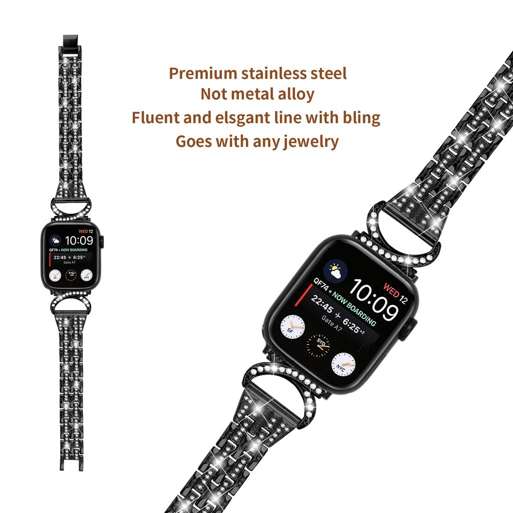 Watch Band for Apple Watch Series 10 42mm/9 8 7 41mm/SE (2023) SE (2022) SE 6 5 4 40mm/3 2 1 38mm Stainless Steel Rhinestone Decor 5-Bead Strap