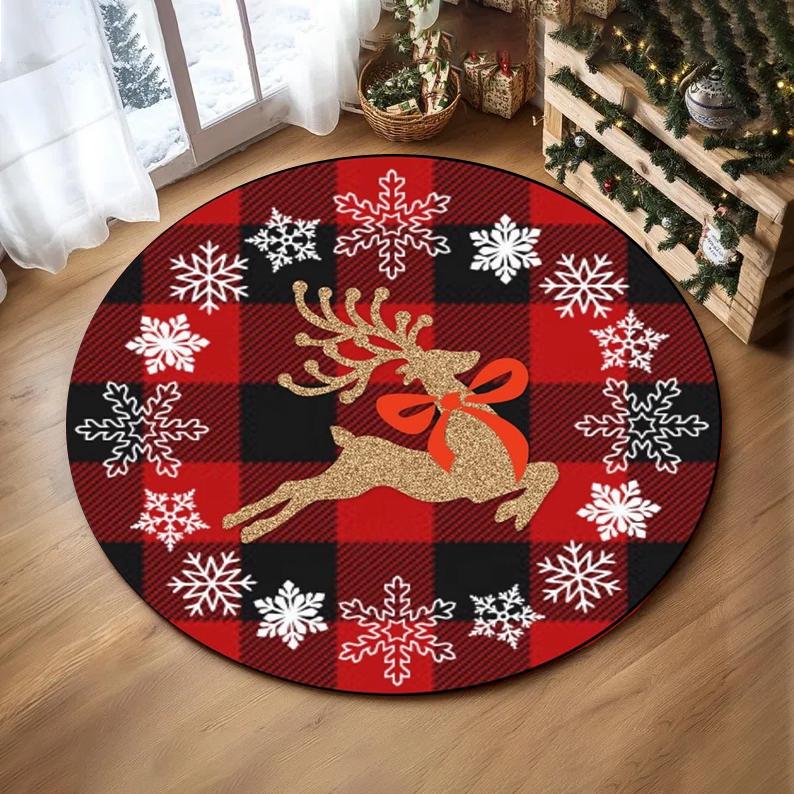Christmas Ornaments Round Rug Merry Christmas Santa Rudolph Riding Home Mat Living Room Decor Sofa Rug Festival Event Carpet