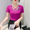 New Summer Short Sleeved V-Neck Women's T-Shirt Fashion Sexy Hollow Out Hot Diamonds Tops High Strecth Mesh Slim Tees