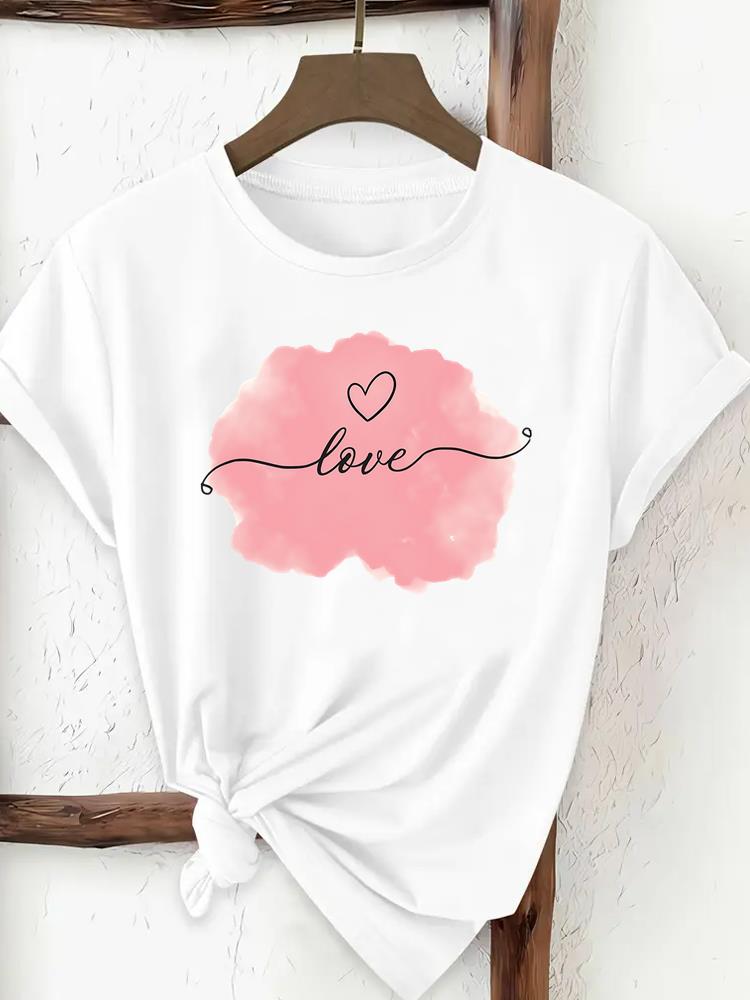 (Asian Size) Tee Print Fashion Top Women Clothing T Shirt Woman Female Sweet Love Heart Trend Cute Short Sleeve Graphic T-shirts