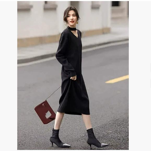 Autumn and Winter Women's Plus Size Hollow V-neck French Trend Solid Color Sweater Skirt Dress