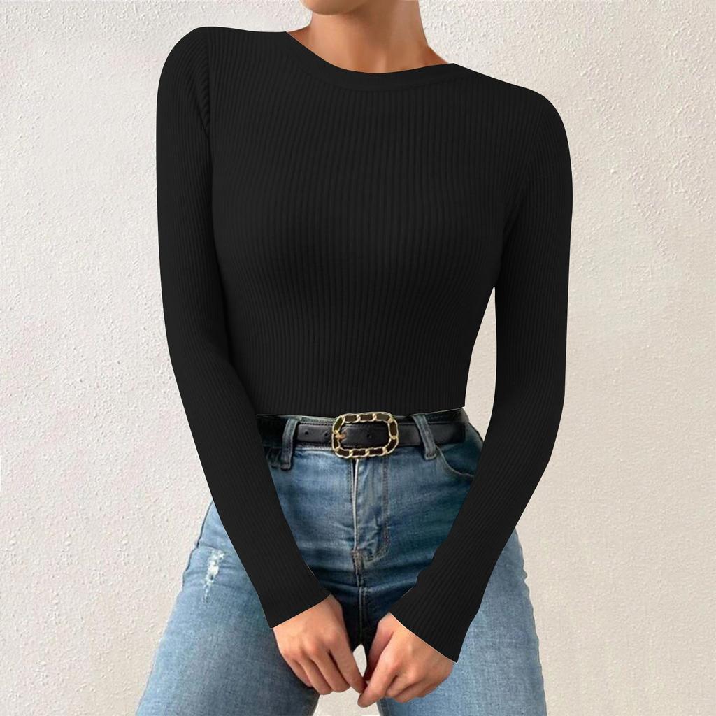 Женская однотонная футболка с круглым вырезом и вертикальными длинными рукавами