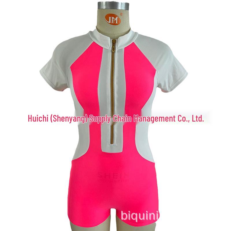 2024 Women's Color Block Sport One-Piece Swimsuit with Tummy Control and Short Sleeves