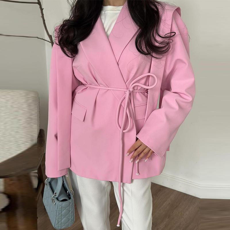 Женский блейзер с лацканами, завязывающимся поясом, пиджак, свободная повседневная и офисная куртка 2025 весна/лето, тонкое пальто с длинным рукавом