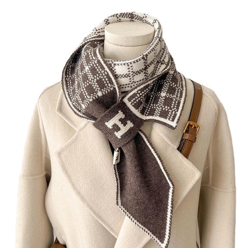 New high-end cross small scarf women's autumn and winter versatile knitted checkerboard scarf student warm scarf