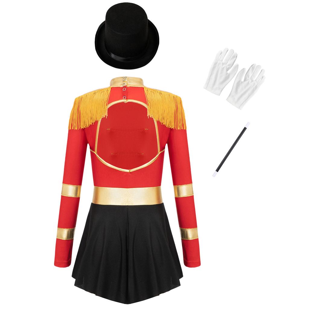 Girls Magician Jumpsuit Costume Long Sleeve Keyhole Back Fringe Epaulet Design Top Hat Gloves Wand Set