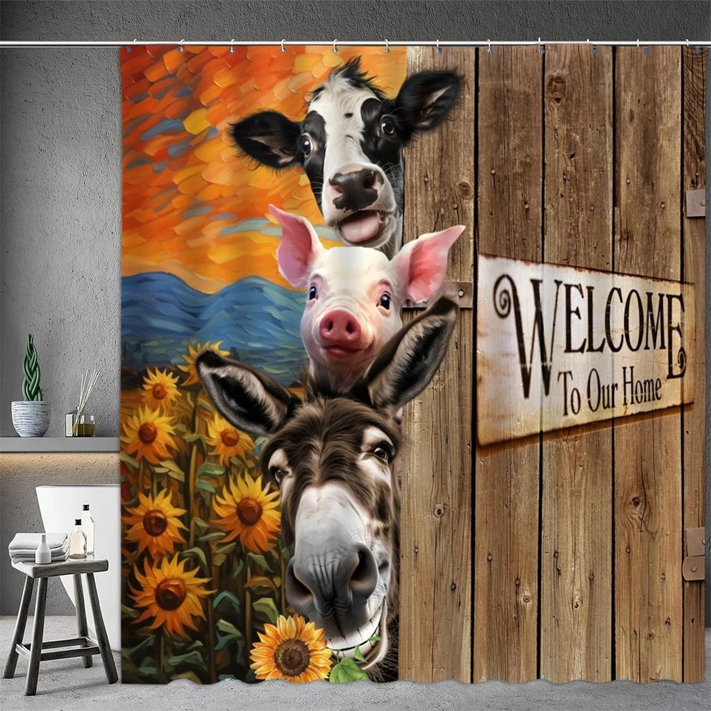 Farm Animal Shower Curtain, Oil Painting Farmhouse Barn Door Donkey Cow Pig Sunflower Spring Bathtub Partition Bathroom Decor