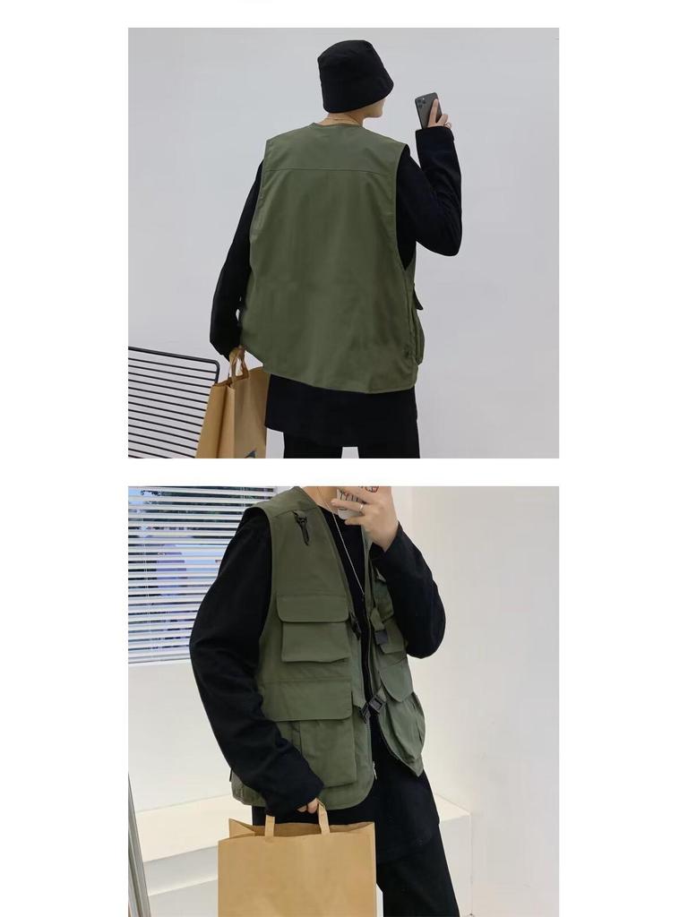 Мужской ретро японский уличный стиль жилет рабочей одежды с несколькими карманами, повседневный свободный крой, без рукавов, стиль национальной волны.