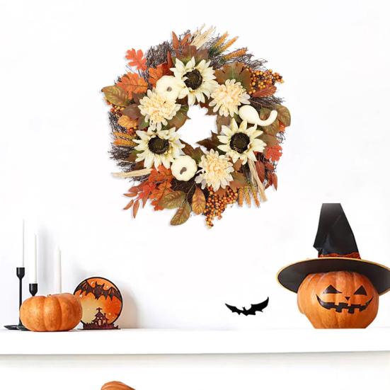 Искусственный осенний венок на входную дверь, тыква, подсолнух, кленовый лист, венок с хризантемой