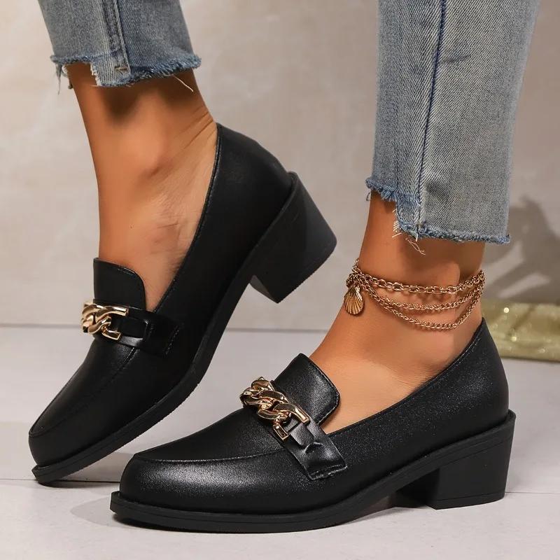 Fashion Female Shoes On Sale 2024 High Quality Slip On Women's Pumps Autumn Pointed Toe Chain Solid Dress Chunky Heels Plus Size Shoes