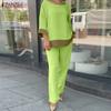 ZANZEA Cotton Outfits Womens 3/4 Sleeve Blouse and Pants Casual Two Piece Suit Set