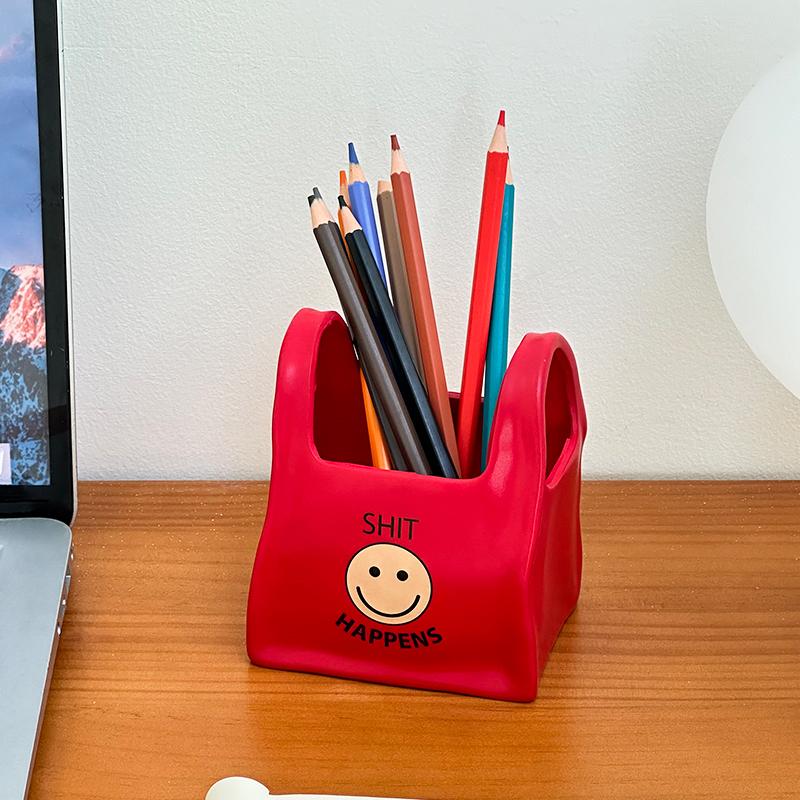 Creative Cute Tote Bag Smiling Face Pen Holder Home Office Desktop Decoration Ornament Stationery Multifunctional Storage Bucket