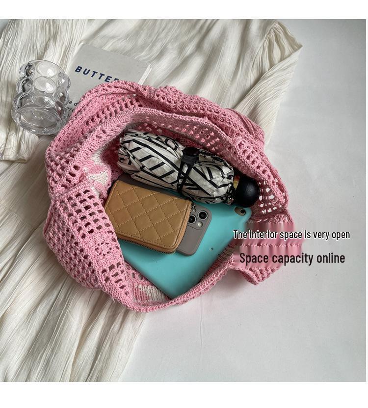 Вязаная сумка-тоут с вырезом в форме сердца для женщин 2024: Сумка большой вместимости, пляжная и для покупок