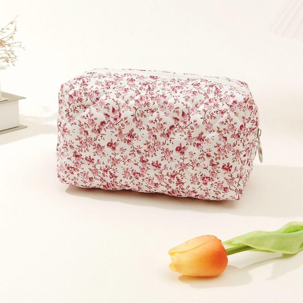 Cotton Floral Puffy Quilted Makeup Bag Flower Printed Toiletry Handbag  Women Girls