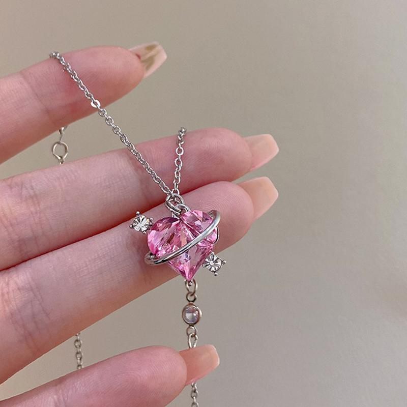 Y2K Trend Pink Planet Heart Zircon Necklaces Women Charm Aesthetic Clavicle Chain Pendent Necklace Party Jewelry Gifts
