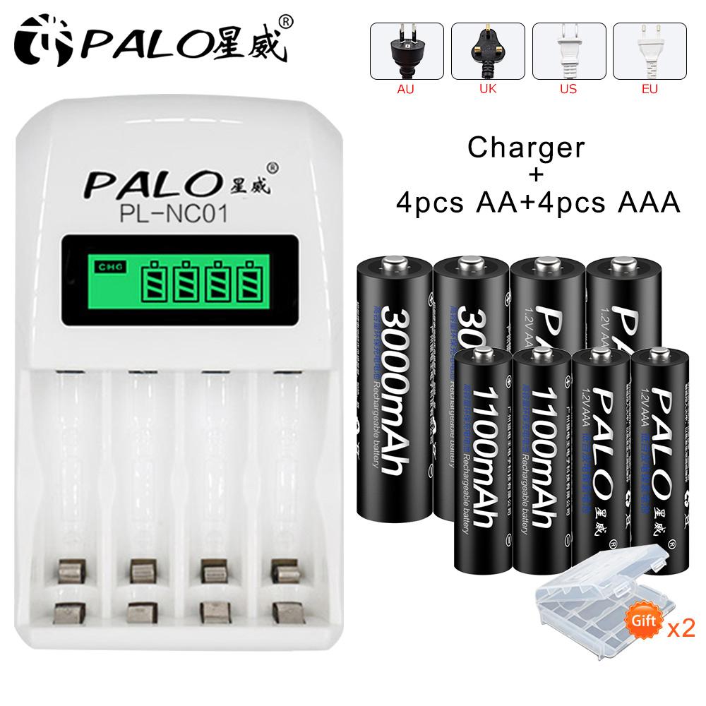 Аккумуляторные батареи AA 1,2 В + аккумуляторная батарея AAA 3A с чехлом для батареи + интеллектуальное зарядное устройство с ЖК-дисплеем