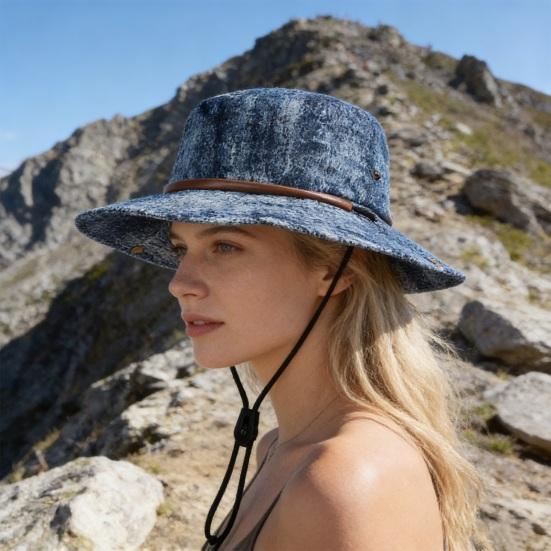 Unisex Fisherman Hat Extra Large Brim Adjustable Fit Hiking Bucket Hat Windproof Buckle Washed Denim Outdoor Travel UV Blocking