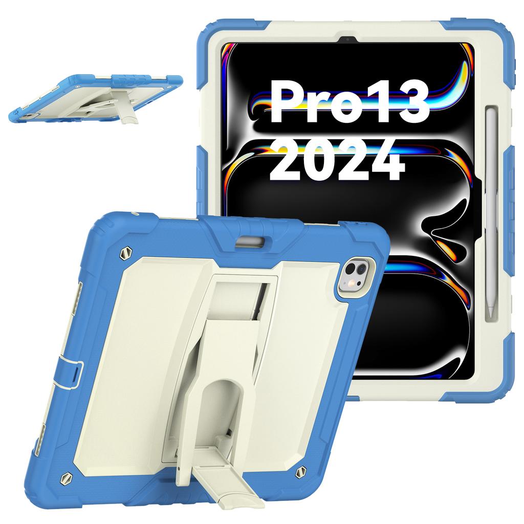 For iPad Pro 13 (2024) Kickstand Case PC+Silicone Tablet Cover with Pen Slot/Shoulder Strap