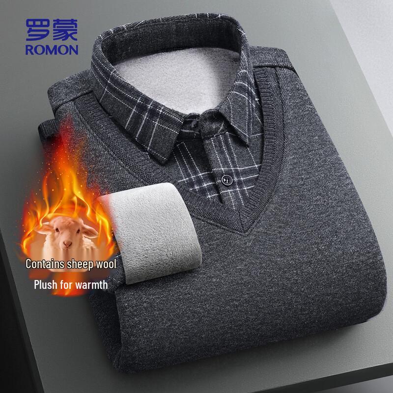 ROMON Мужской вязаный свитер из смесовой шерсти с флисовой подкладкой и воротником-поло