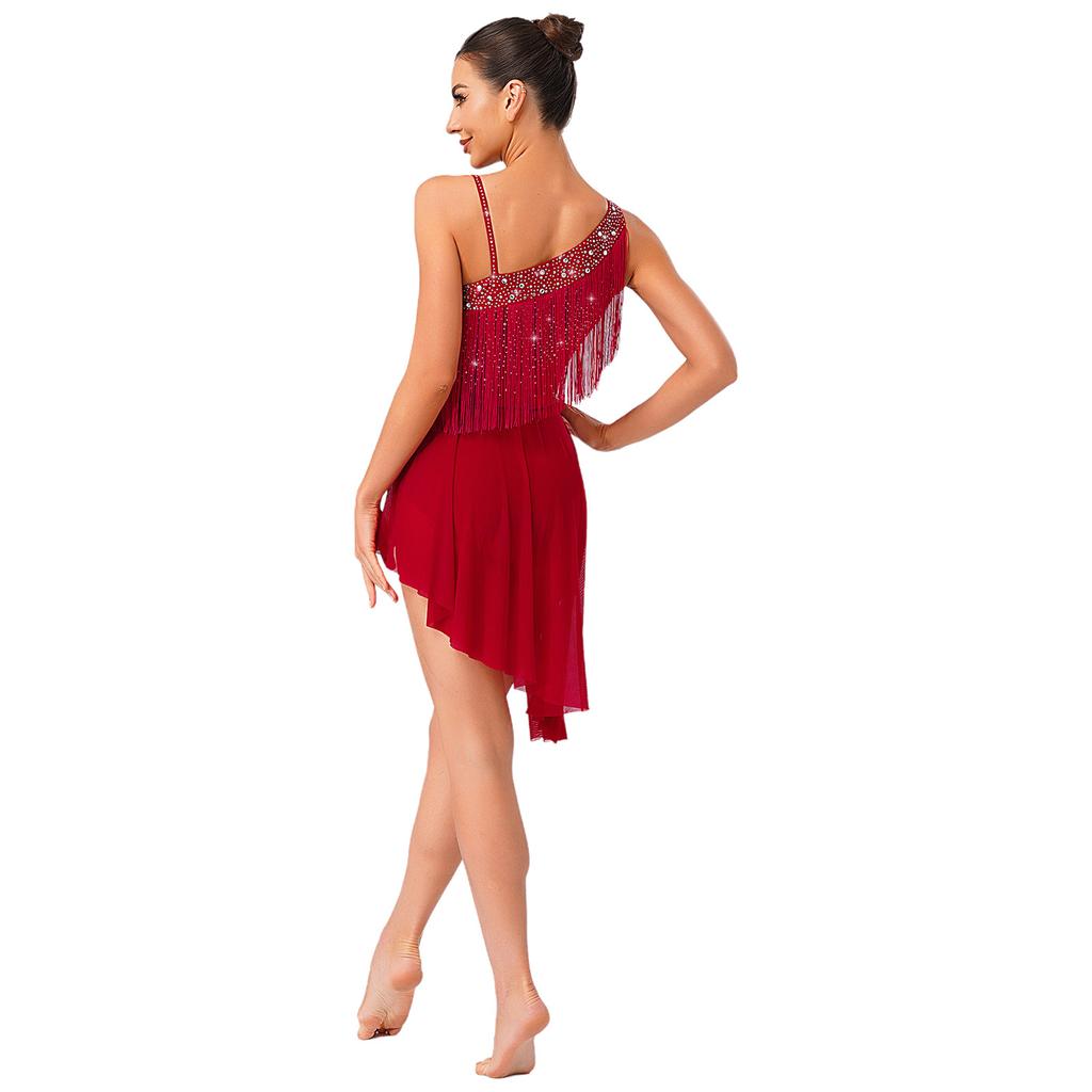 Glitter Rhinestone Asymmetrical Tassel Dress Openable Crotch Leotard with Irregular Hem for Women Latin Tango Competition