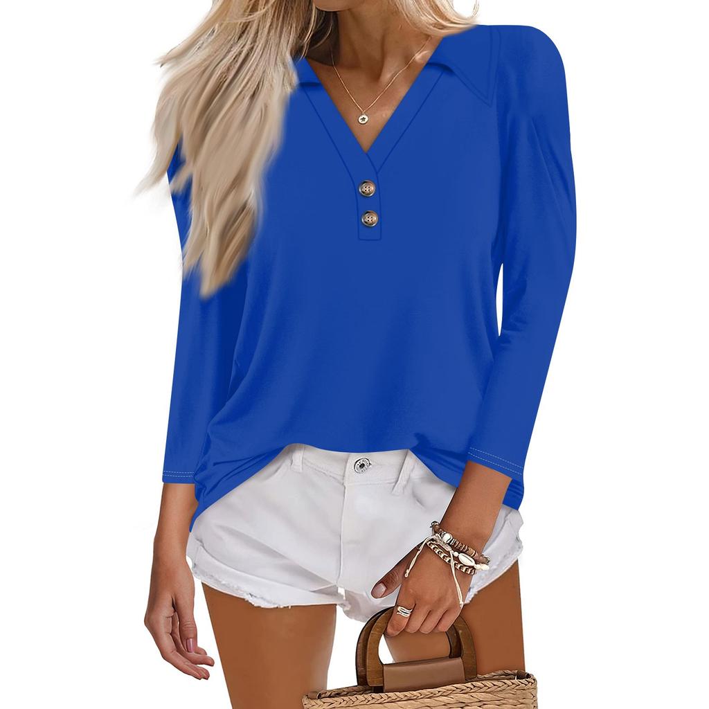 Женская летняя модная повседневная однотонная рубашка с v-образным вырезом и воротником на пуговицах с семиточечным принтом, топ