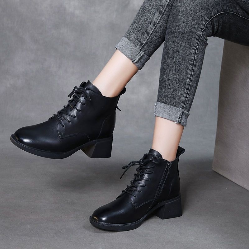 Короткие ботинки на толстом каблуке, женская хлопчатобумажная обувь, средний каблук, универсальные ботинки-мартины на шнуровке, женская обувь с высоким берцем в стиле ретро