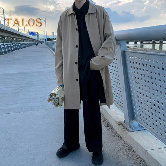 Мужская ветровка, пальто с лацканами, длинный рукав, двубортный тренчкот с карманами, однотонный, свободный крой, повседневная верхняя одежда средней длины