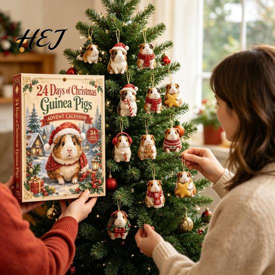 Holiday Home Decor Guinea Pig Advent Calendar, 24-Day Acrylic 2D Ornament Set with Christmas Countdown Gift Box Outfits, Tree Hanging Decor,