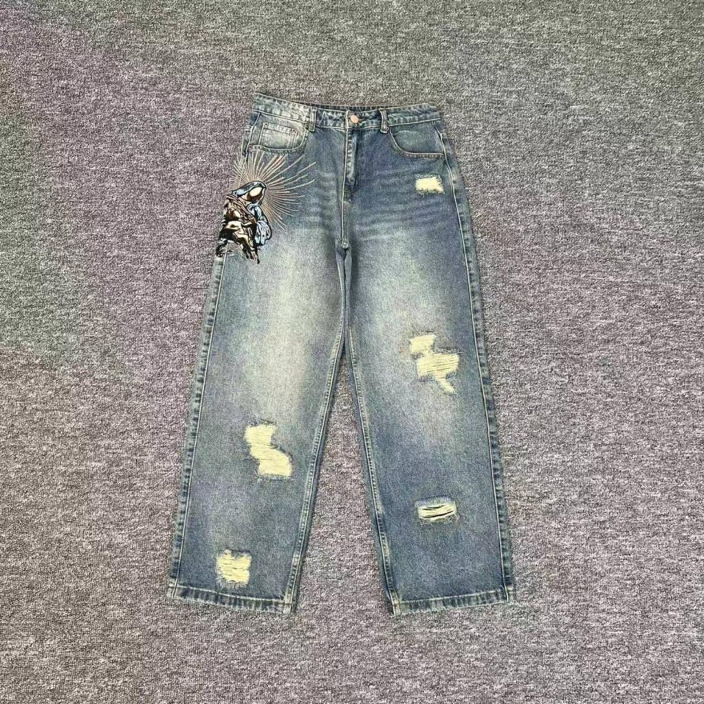 Американский Ретро Харадзюку Цветочная Вышивка Мешковатые Джинсы Мужские Уличный Стиль Модный Стритвир Y2K Повседневные Прямые Брюки